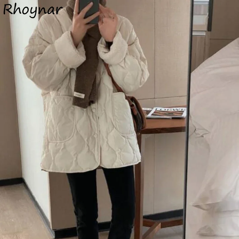 V-neck Parkas Women Solid Simple Office Ladies Plus Velvet Thicker All-match Korean-style Winter Warm Design Front Pockets Chic