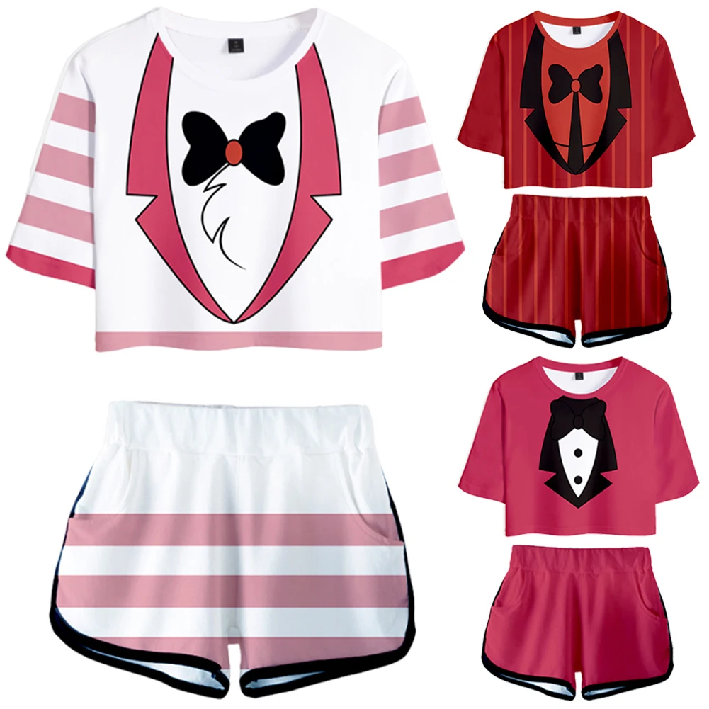 Cartoon Hell Inn Angel Dust Charlie Alastor Cosplay Summer Costume  Roleplay Short Sleeved Set Outfits Unisex Halloween Suits