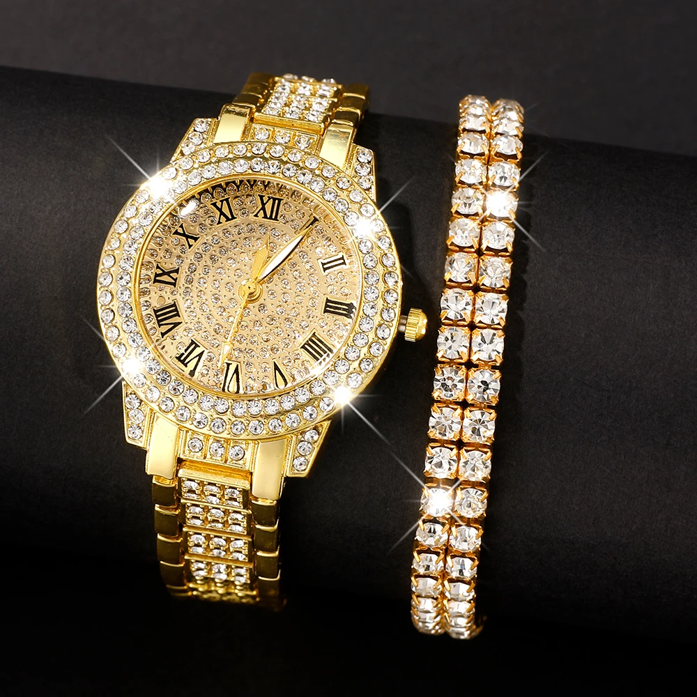 2PCS Fashion Imitation Diamond Women's Watch Bracelet Set with Diamond Strap and Simulated Quartz Watch Bracelet
