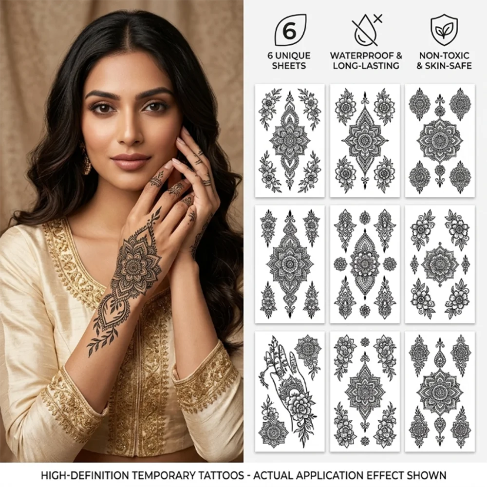

Водонепроницаемые временные тату-наклейки: Мандала, кружево, для рук и пальцев, свадебные, белые, фейковые тату, флеш-тату, боди-арт для женщин и невест