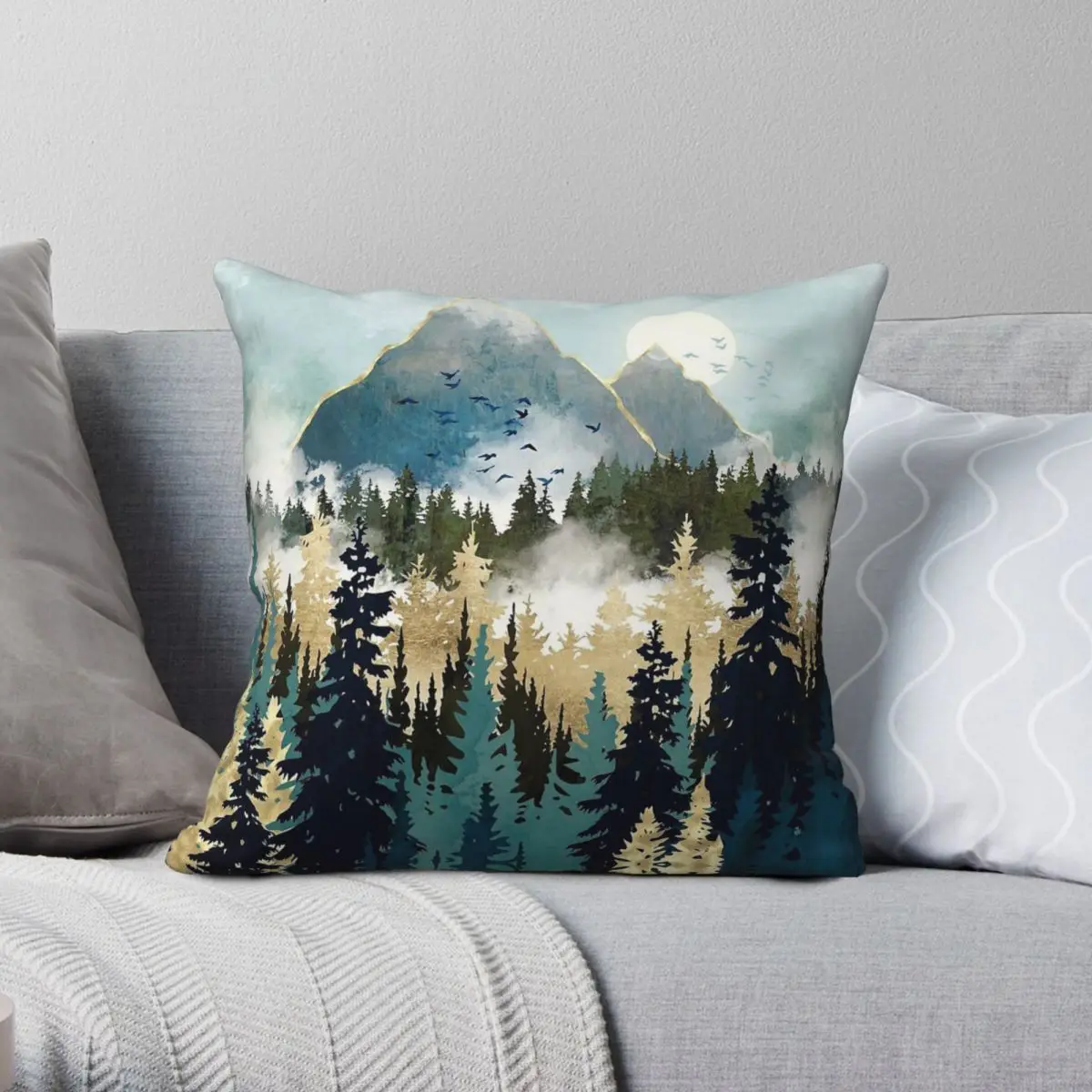 Misty Pines Square Pillowcase Polyester Linen Velvet Printed Zip Decorative Pillow Case Car Cushion Case 18