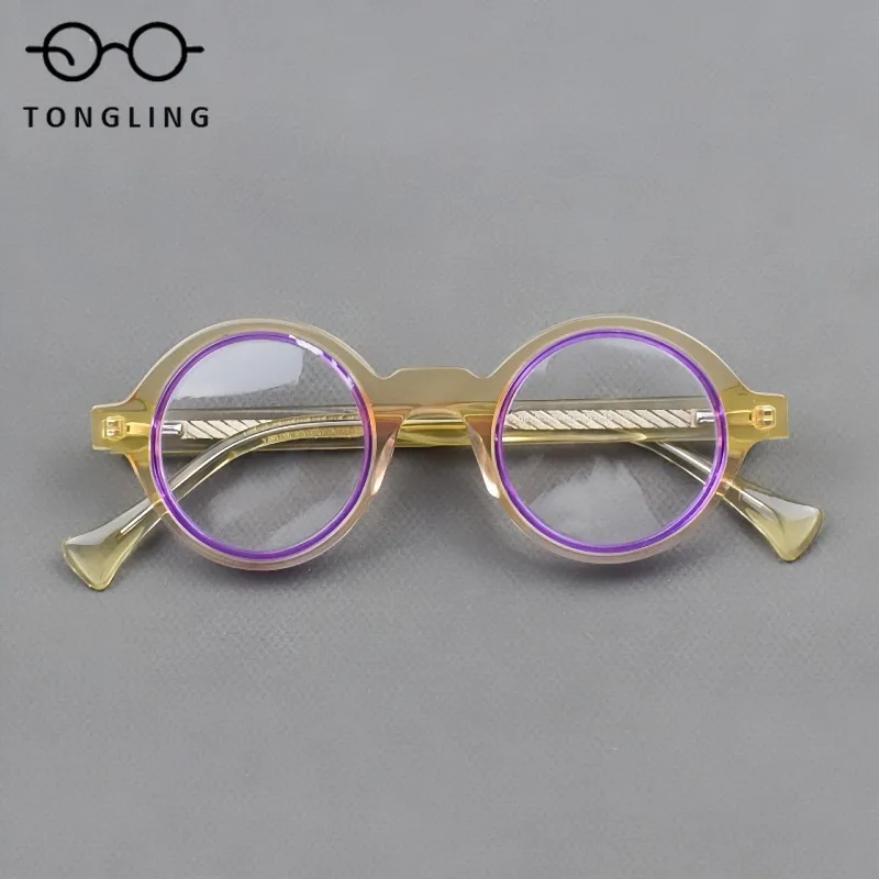 High-Quality Fashionable Men Retro Premium Acetate Glasses and Women Handcrafted High-Appearance-Level Patchwork Round Frames