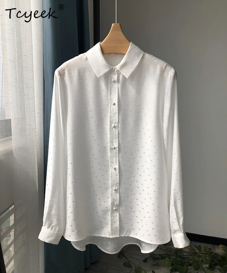 

Tcyeek,18MM 100% Silk Elegant Shirts, Women Long Sleeve, Loose Dot Jaquard Casual Blouse, 2024 Spring Autumn T4D115JC
