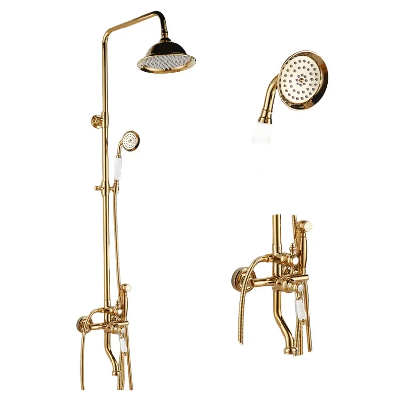 Brass light luxury French gold shower liftable shower set, single European hot and cold retro shower