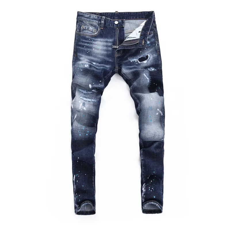 الشارع مصمم الأزياء الرجال الجينز الرجعية الأزرق تمتد سليم صالح رسمت ممزق الجينز الرجال Y2K العلامة التجارية خمر الدنيم السراويل Hombre #6