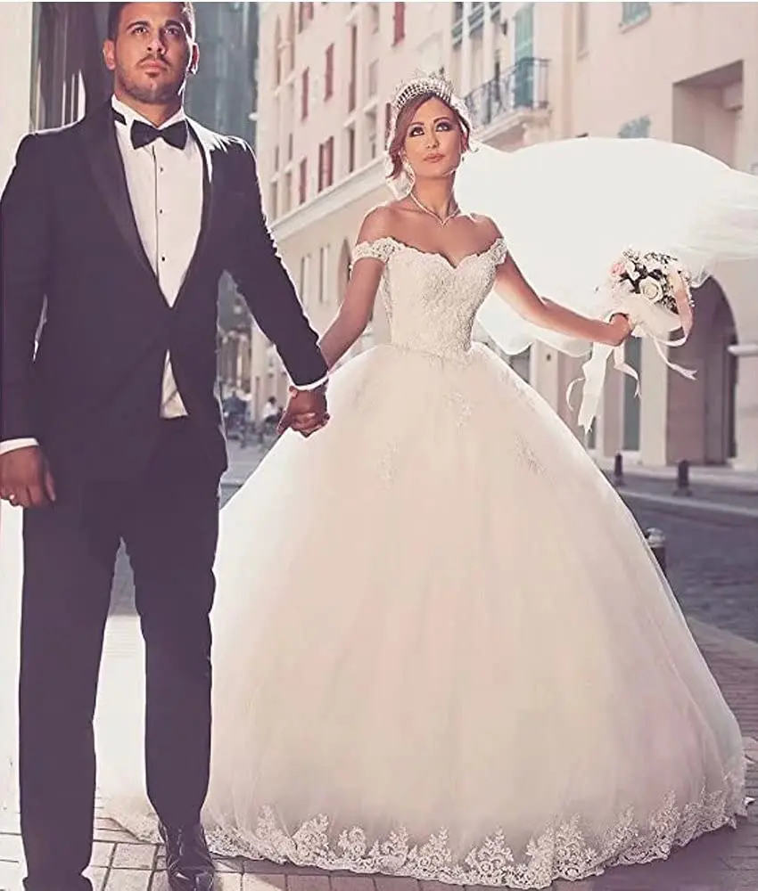 Vestido de novia de encaje con hombros descubiertos, vestido de novia de princesa con tren de manga, línea A, 2024