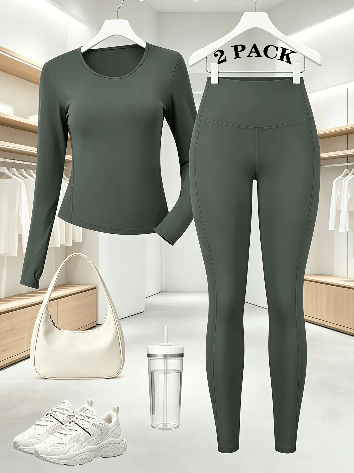 2 Piece Women's Soft Yoga Set Solid Long Sleeve Top and High Waist Pocket Pant Comfortable Pajamas Home Underwear