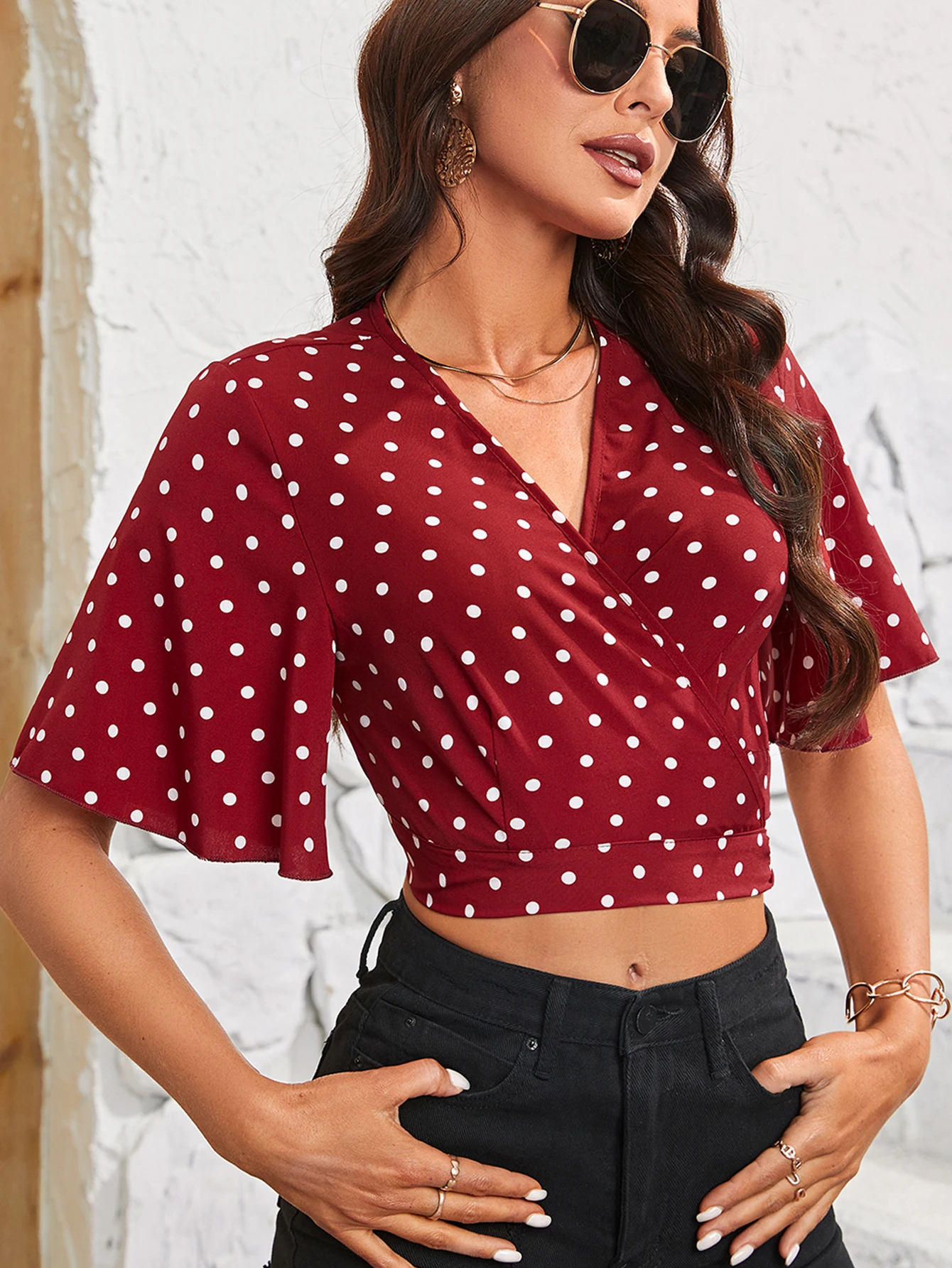 Fashion Elegant Back Bandage Women Crop Tops With Ruffled Sleeves Retro Classic Polka Dot Chiffon Shirts for Ladies