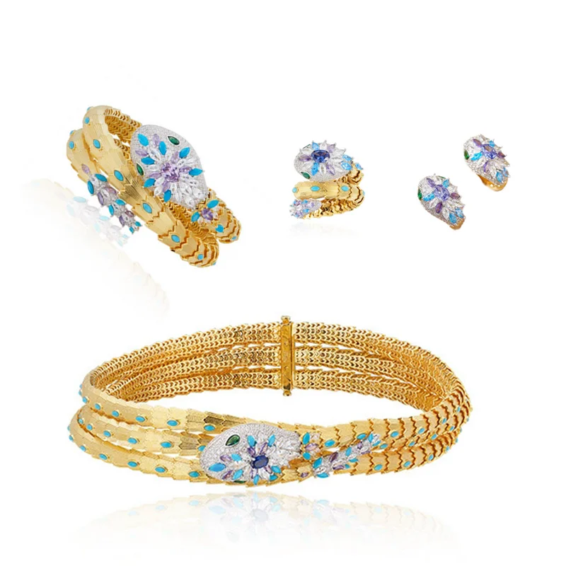 Designer Style Earrings Ring Bracelet Three Layer Necklace Inlay Blue Cubic Zircon Snake Serpent Dinner Party Choker Jewelry Set