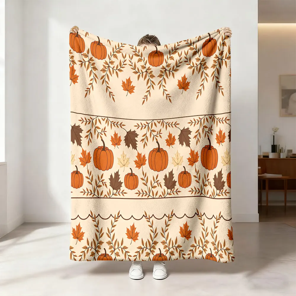 1pc Border Style Pumpkin Maple Leaf Print Flannel Throw Blanket Cozy Warm Blanket For Couch Bedroom Travel Rest Rustic Autumn