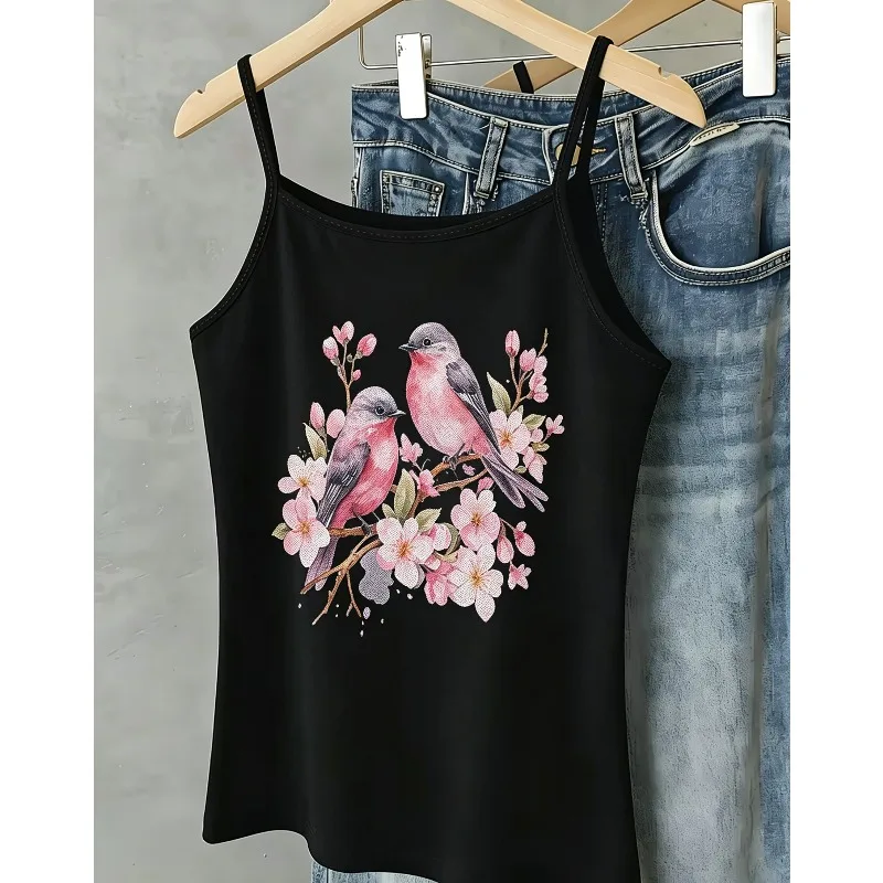 Women Watercolor Hummingbird Floral Print Spaghetti Strap Tank Top Soft Sleeveless Camisole Casual Summer Daily Fashion Top