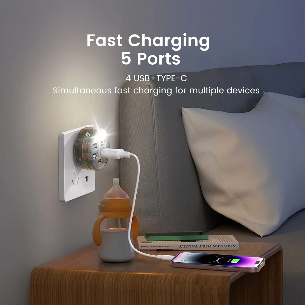 5 Ports USB C Charger Fast Charging Mini Soft Night Light Conversion Bedroom LED Night Light Bedside Switch Lamp Expansion Dock