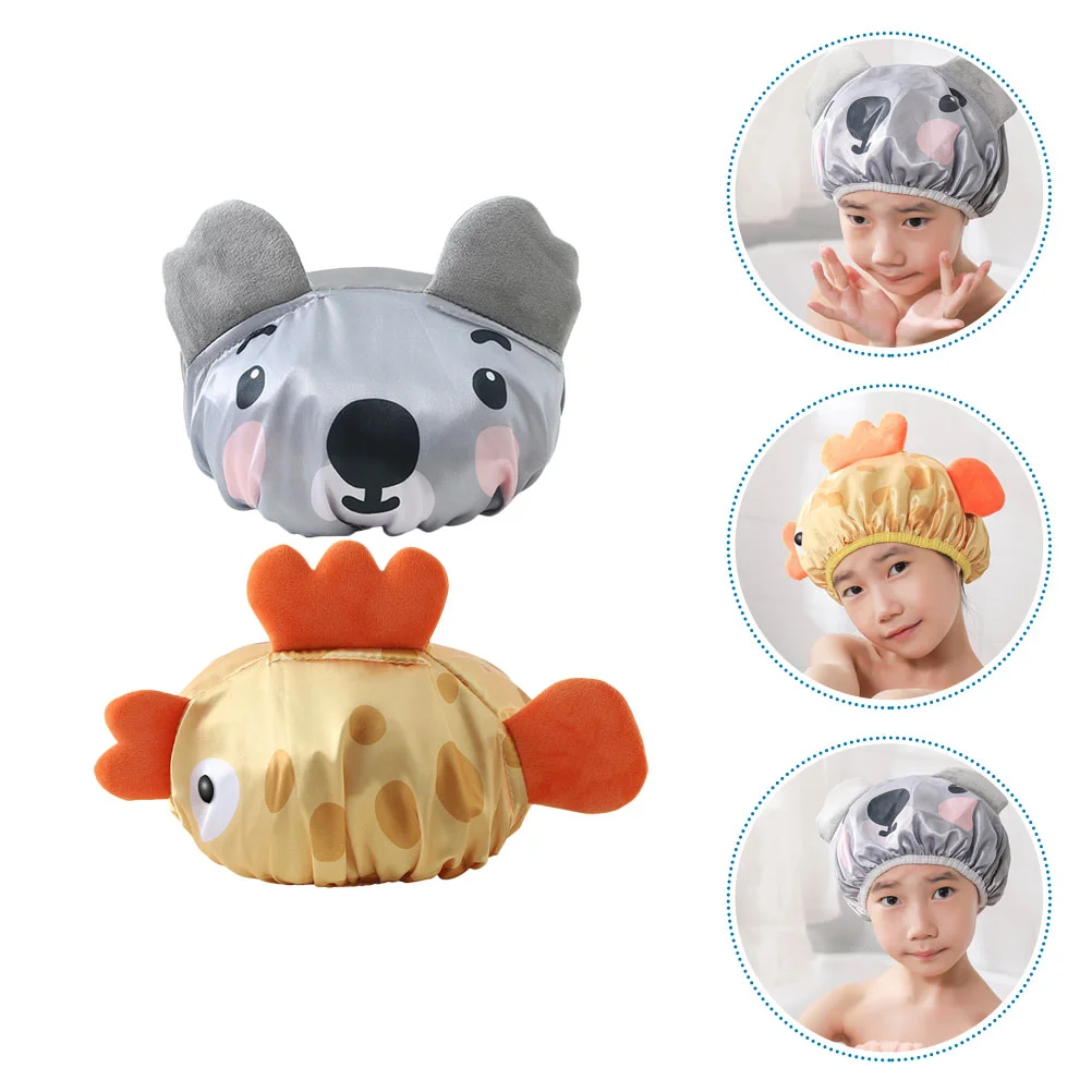 2 Pcs Cartoon Waterproof Shower Cap Toddler Hats Ear Caps for Kids Girls Printing Bonnets Braids Peva Curtain Reusable Child