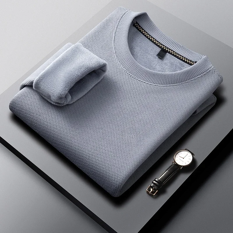 Men Fleece Lined Waffle Knit Pullover Long Sleeve Crew Collar Thick Warm Breathable Daily Business Casual Top