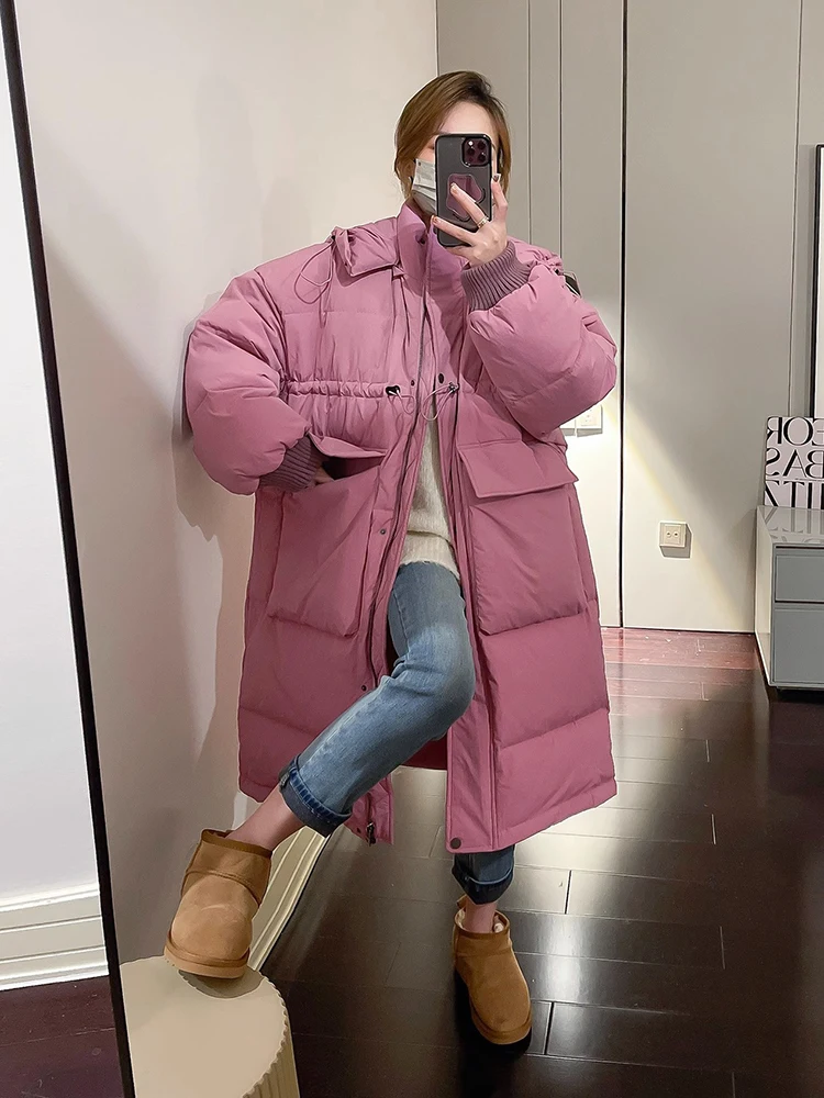 الشتاء -15 ° سترة طويلة بغطاء للرأس دافئة للنساء بسحاب سميك وجيب كبير ملابس خارجية للنساء سترات بيضاء بطول الركبة من باركر #5