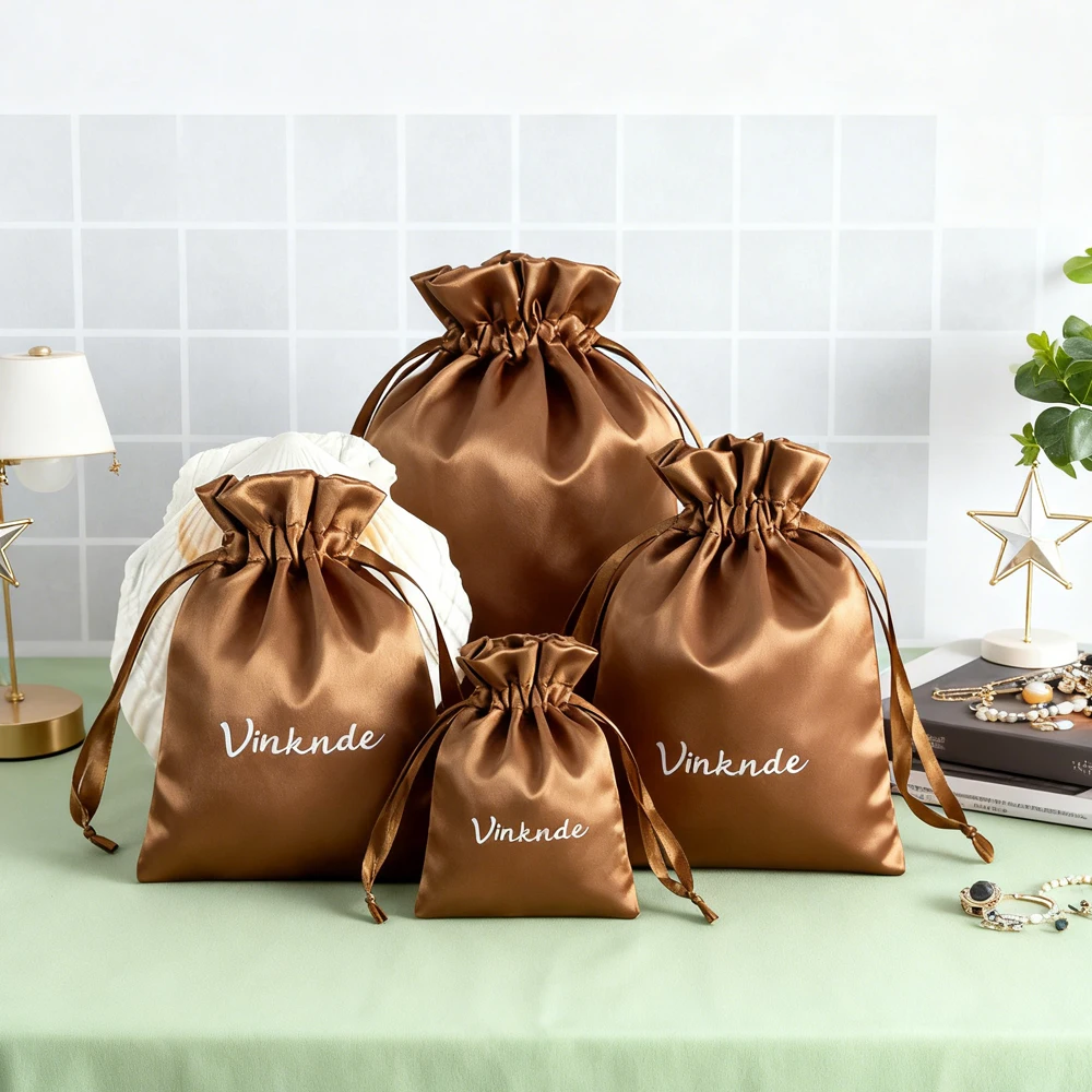 

50Pcs Personalized Coffee Silk Satin Jewelry Drawstring Gift Bag Print Logo Packaging Pouch for Ring Wedding Favors Guests Candy