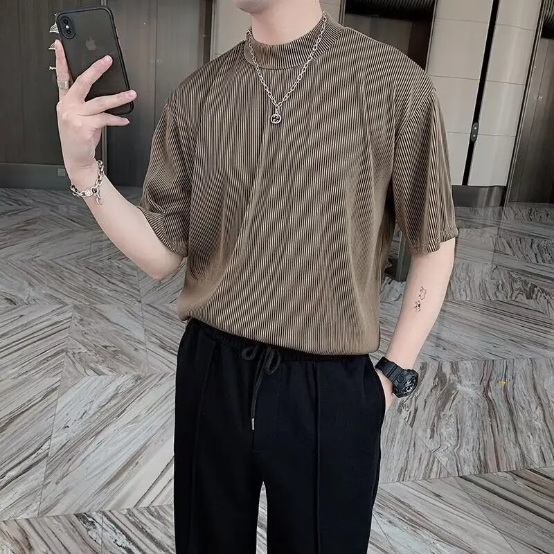 Men's Solid Color Crew Neck Short Sleeve Ribbed Texture Comfortable Breathable Versatile Trendy Slim Fit Daily Commute Wear Top