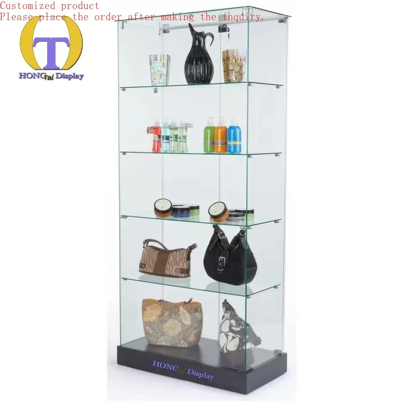 

Custom.Full Vision Super White Glass Four Led Strip Lights Five Glass Shelves Tempering Glass Showcase for Smoke Selling