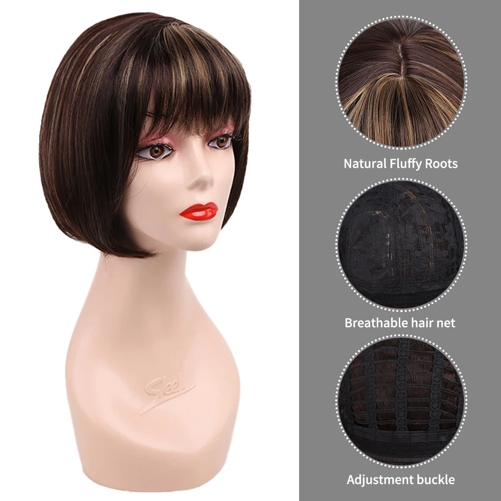 Amir short  Hair Wigs Synthetic Bob Wig With Bangs Ombre Black Mixed Brown Hair For Women Bob Hairstyle Heat Resistant Fiber