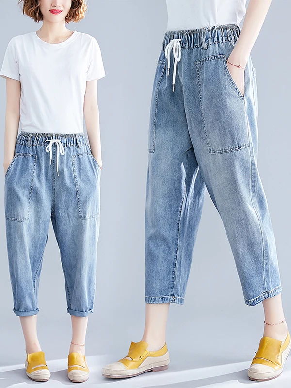 

Повседневные свободные женские джинсы из денима с высокой талией, брюки-харланы, художественные, летние, модные, больших размеров, седмицвертые (семидюймовые)