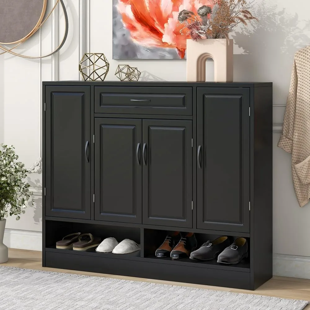 Shoe Cabinet Adjustable Shelves, Sturdy Top, and Minimalist Design , Fits Any Shoe Sizes (Black + Particle Board + 3-4 Spaces)