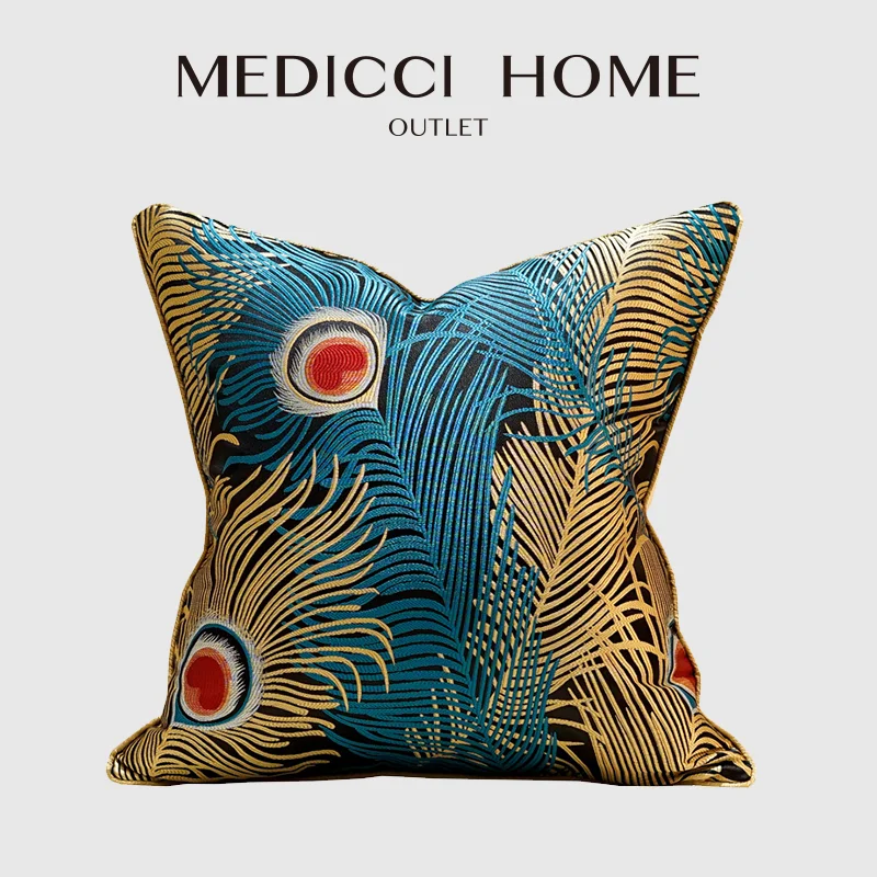 Medicci Home Elegant Cushion Cover Luxury Peacock Feather Embroidery Decorative Throw Pillow Case Silky Satin Pillowcase 50x50cm