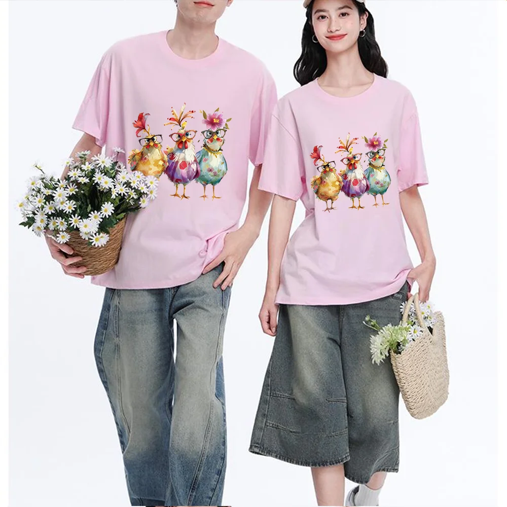 Cute Chicken With Glasses And Flowers Printed T Shirt Breathable Fabric S-XXL Personalized Custom Casual Short Sleeve Tee Aesthe