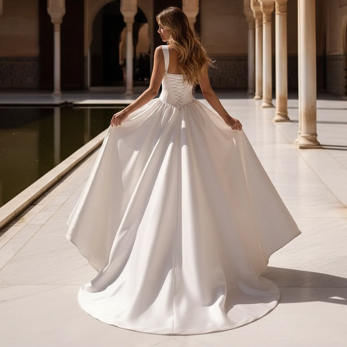 Beach Vestidos Novia V Neck Pleated Wedding Dress Long Satin Ball Gown for Bride Button A Line Puffy Bridal Party Gown for Women