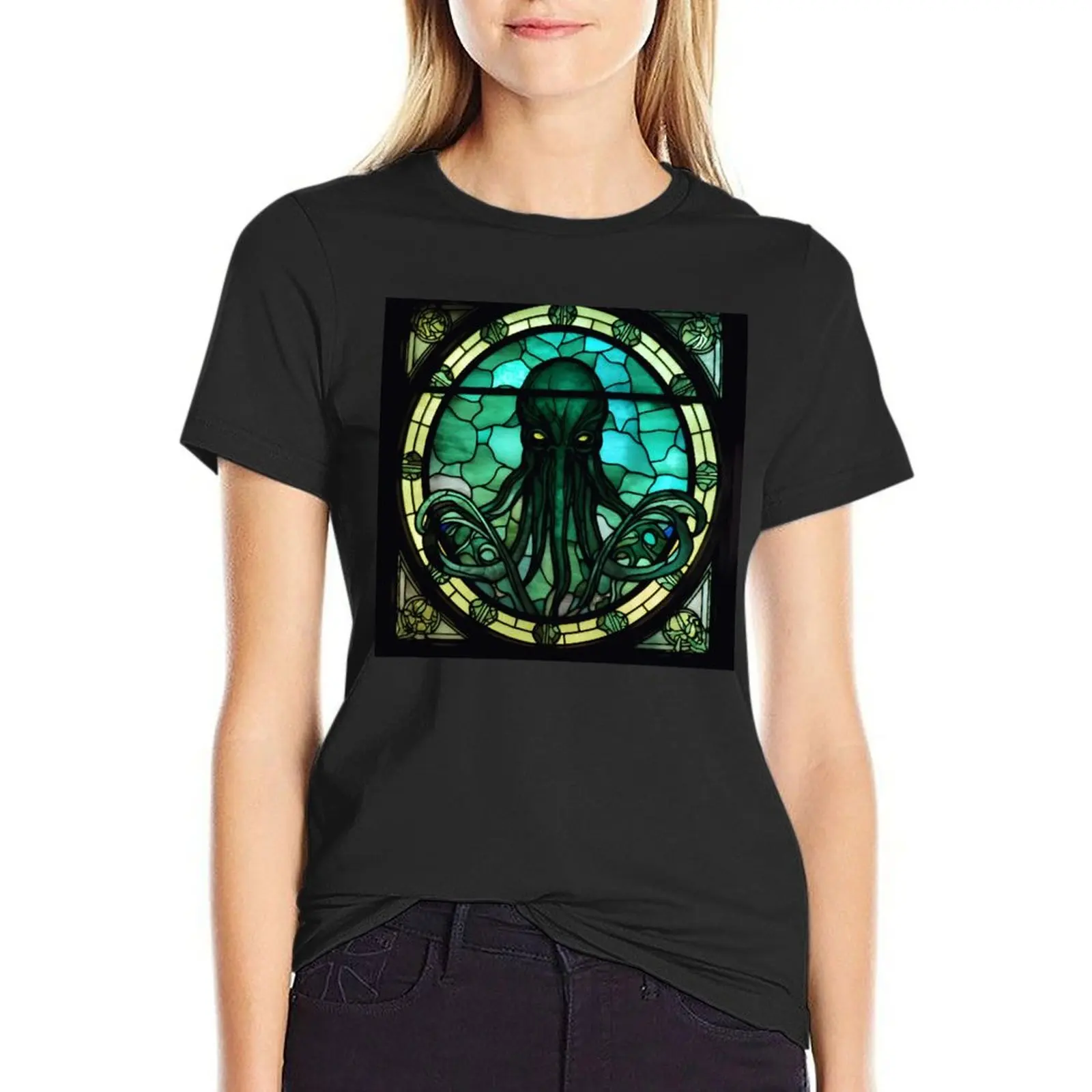 

HALLOWEEN Cthulhu in Stained Glass T-Shirt kawaii clothes tops hippie clothes new edition t shirt dress Women