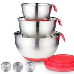 Stainless Steel Salad Bowls With lid Non-Slip Silicone Bottom DIY Cake Baking Egg Mixing Bowl With Grater Set Cooking Accessory