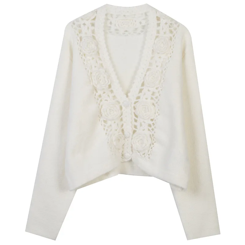 

2025 Autumn And Winter Crochet Hollow V-neck Long-sleeved Knitted Cardigan Bohemian Holiday Casual Fashion Knitted Cropped Top