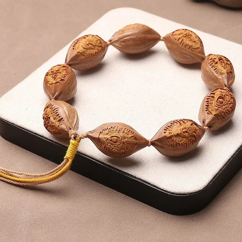 Olive Skin Prajna Nine-Phase Stone Carving Bracelet, One-Mind Magic Buddha Rebirth Buddhist Prayer Beads Hand
