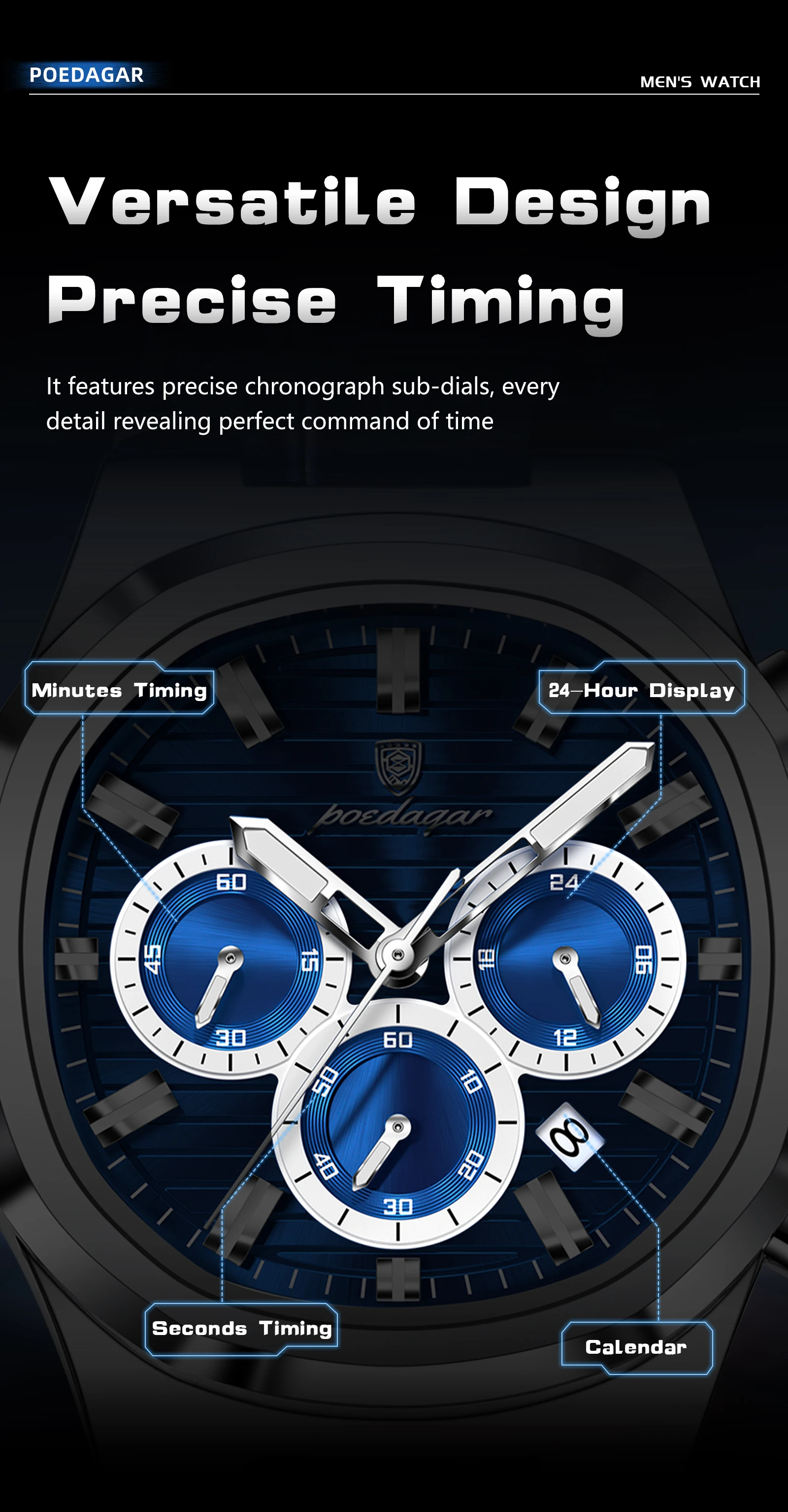 POEDAGAR Business-Herrenuhr Leder Wasserdicht Leuchtend Sport Herrenuhr Datum Chronograph Quarz Mode Herrenuhren Reloj – Detail 7