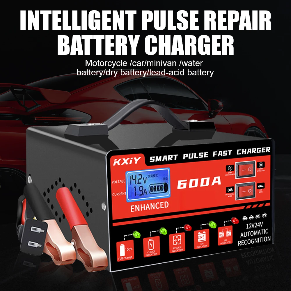 

Intelligent Pulse Repair Automatic Stop Voltage Temperature Detection Digital LCD Display Car Battery Charger 12V 24V 600A