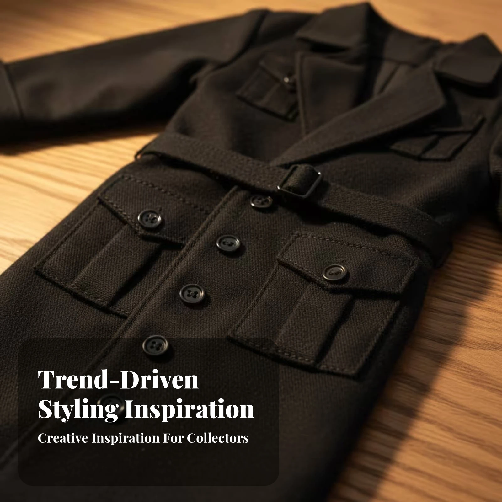 Black Doll Overcoat Coat Miniature Apparel Appliqué Pockets Waist Belt 1/6 Scale Overcoat Coat