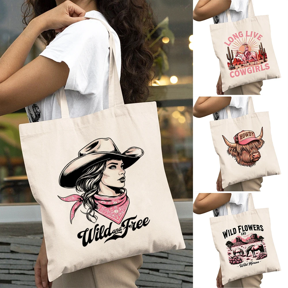 

Casual Western Landscape Lady Daily Use Shoulder Handbag Desert Cowboy Hat Women Shopping Bag Bull Skull Girl Shopper Bags 40x45