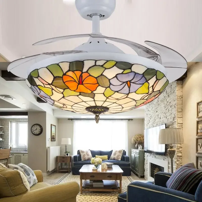 Tiffany Invisible Ceiling Fan Lamp Living Room Dining Room Bedroom Lighting Mediterranean Fan Lamp Retro Ceiling Fan With Remote