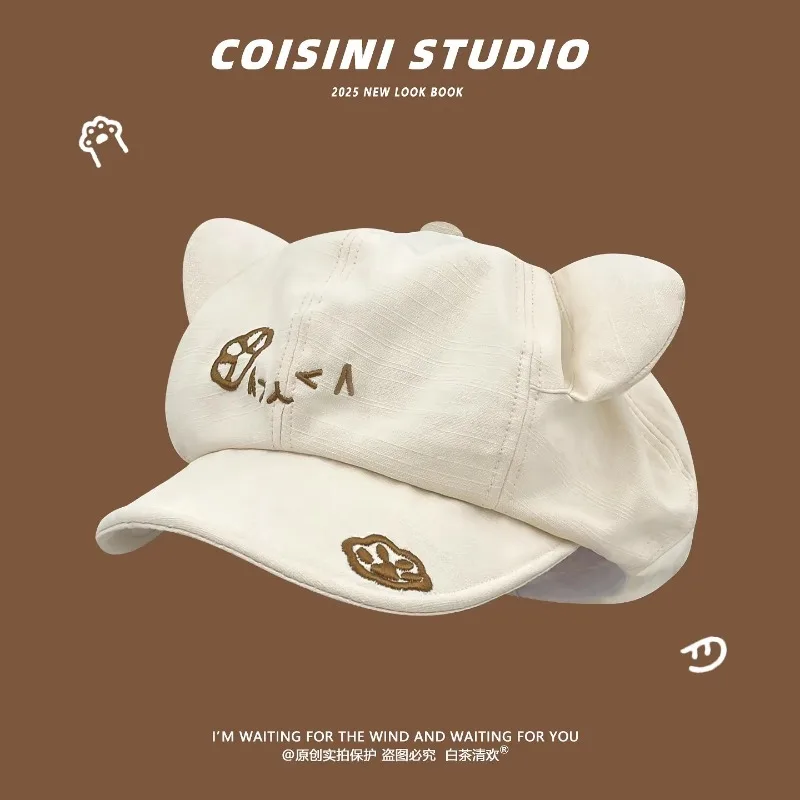 

Японские милые мультяшные береты с вышитыми кошачьими ушками для женщин, весенне-летние, новые, универсальные, для путешествий, в стиле художника