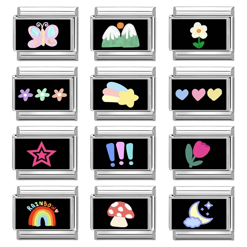 النساء الملونة الزهور القلب ستار مطاطا الإيطالية سحر الروابط صالح 9 مللي متر الفولاذ المقاوم للصدأ وحدات سوار DIY صنع المجوهرات