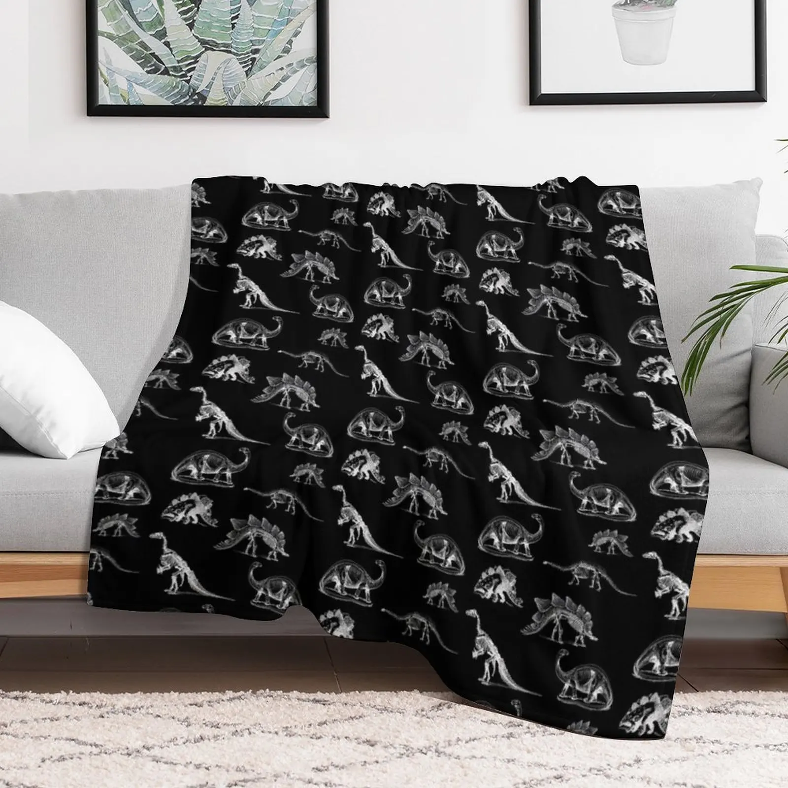 Vintage Museum Dinosaurs and Skeletons X-Rays on Black Throw Blanket warm for winter Blankets For Baby Blankets