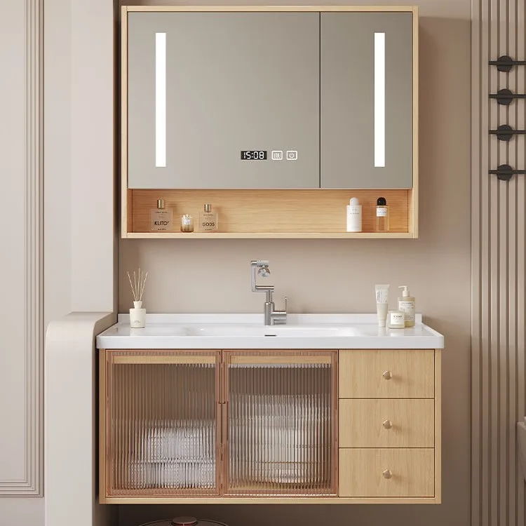 Light Luxury Wooden Color Bathroom Cabinet Set, Modern Smart Ceramic Integrated Wash Basin Vanity for Home Use