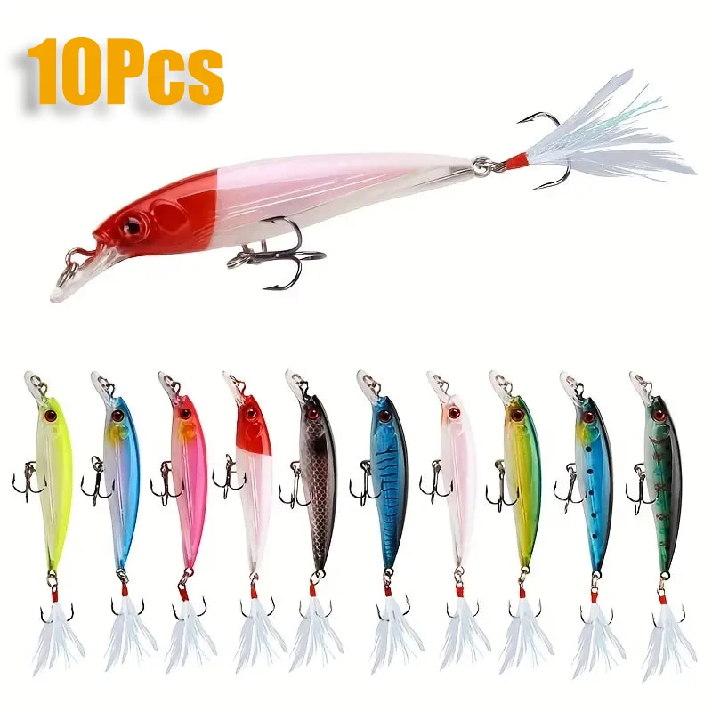 Laser Minnow Fishing Lure 10/5Pcs Artificial Bionic 9cm/7g Swing Hard Bait with Feather Tackle Hook Wobbler Pesca for Bass Pike