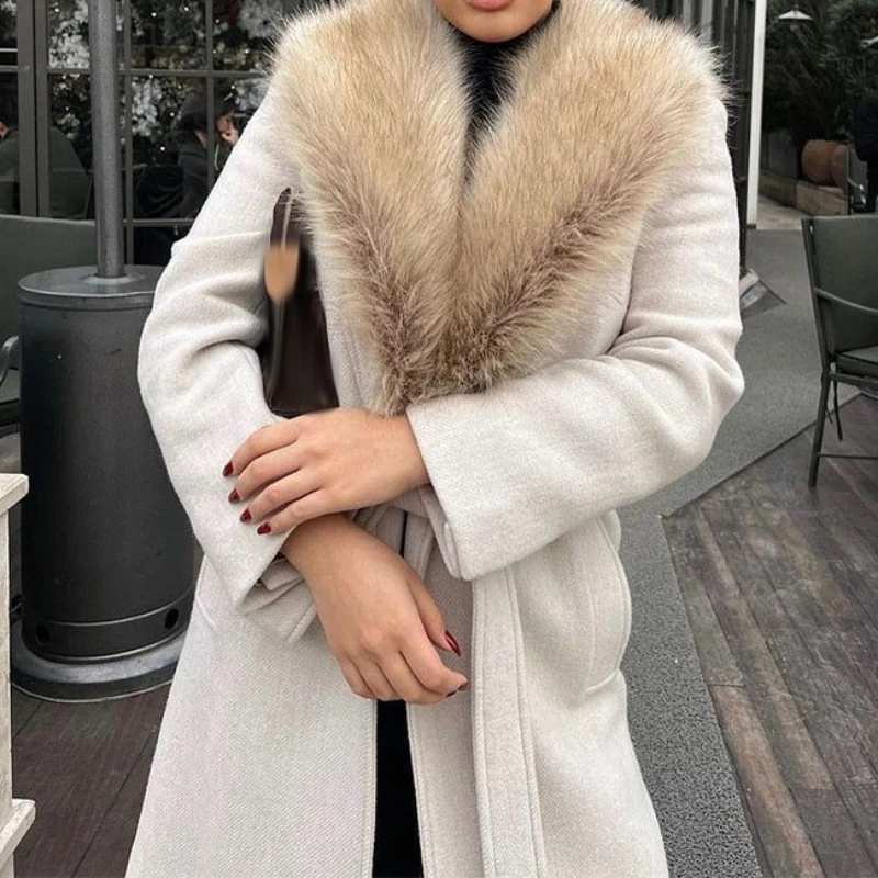 Manteau Long en laine à col en laine pour femme, manteau Long élégant, automne et hiver 2025