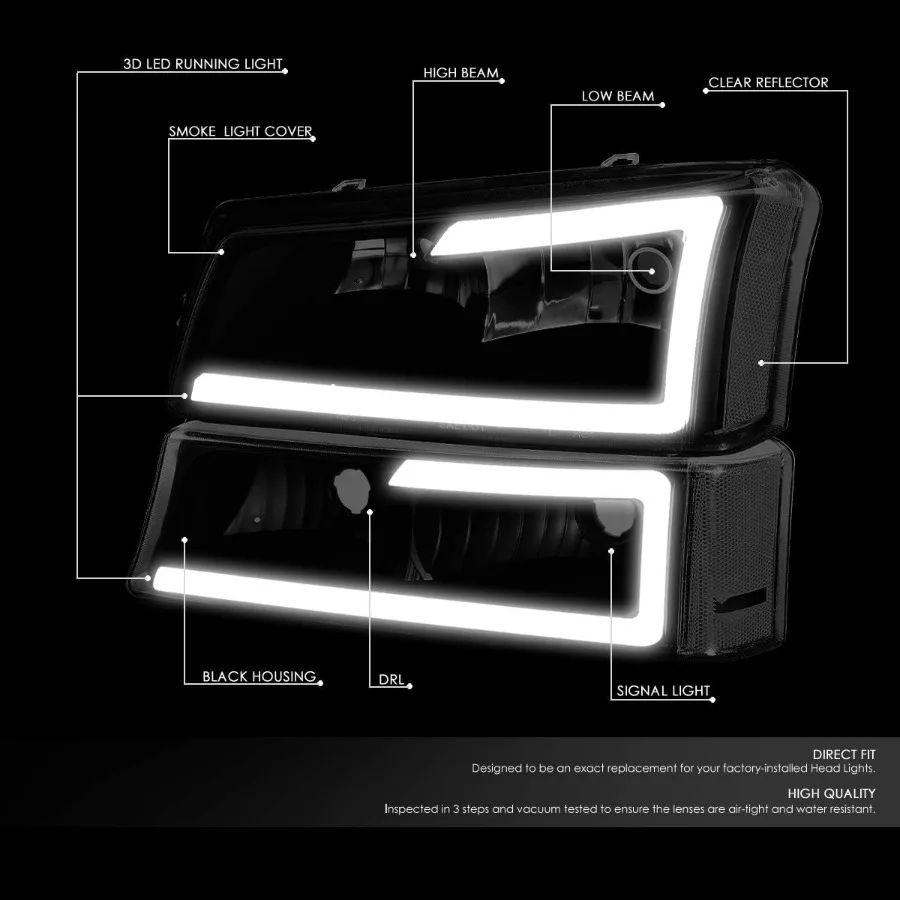 الإسكان الأسود المدخن عدسة ثلاثية الأبعاد LED DRL المصباح الوفير مجموعة مصابيح متوافقة مع 03-06 سيلفرادو 1500-3500 / أفالانش 1500 2500