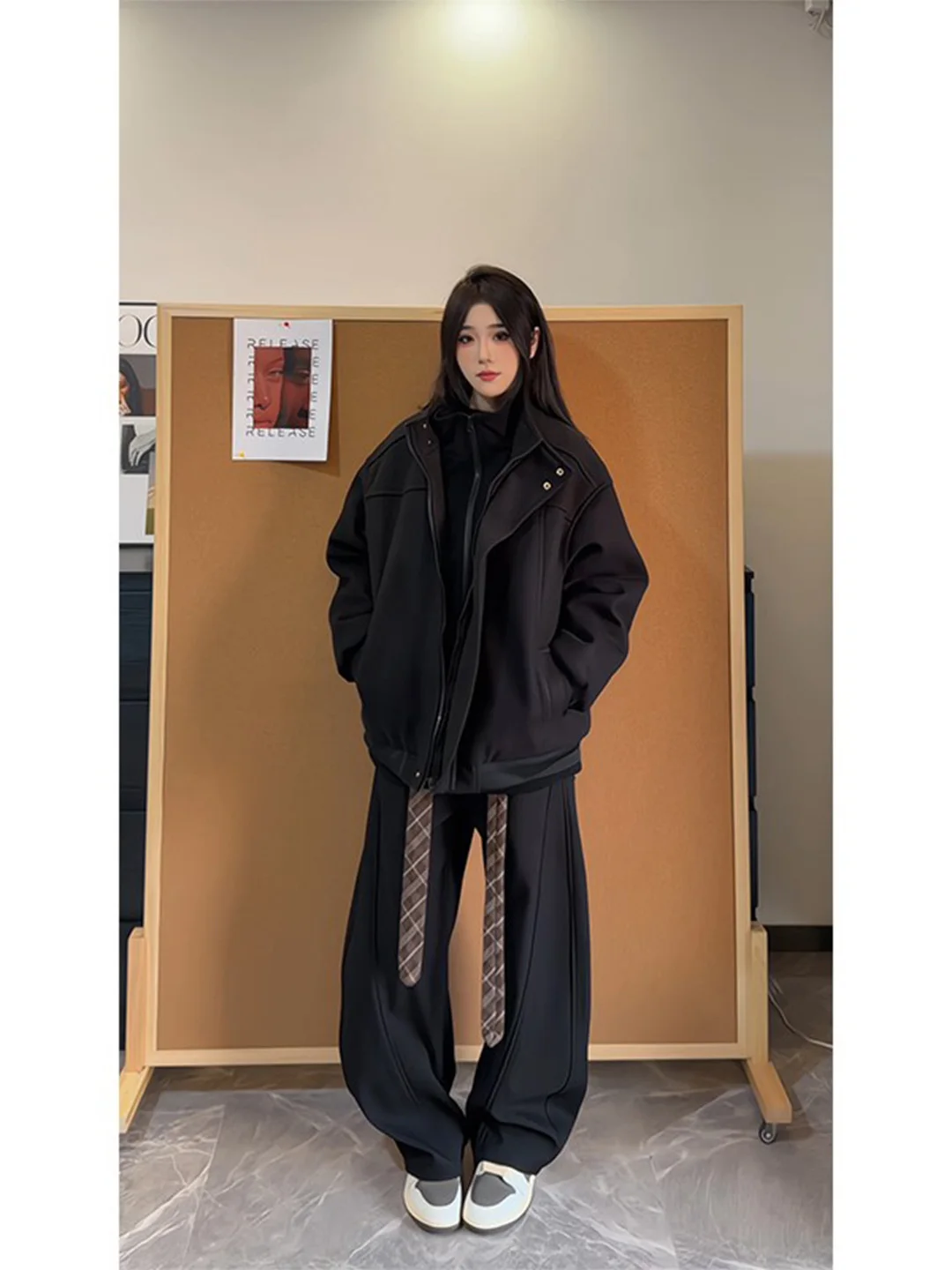 

Thiened Woolen Men's Jaet Outerwear American Sle Patchwork Design Winter Stand Collar Versatile Cotton Clothes