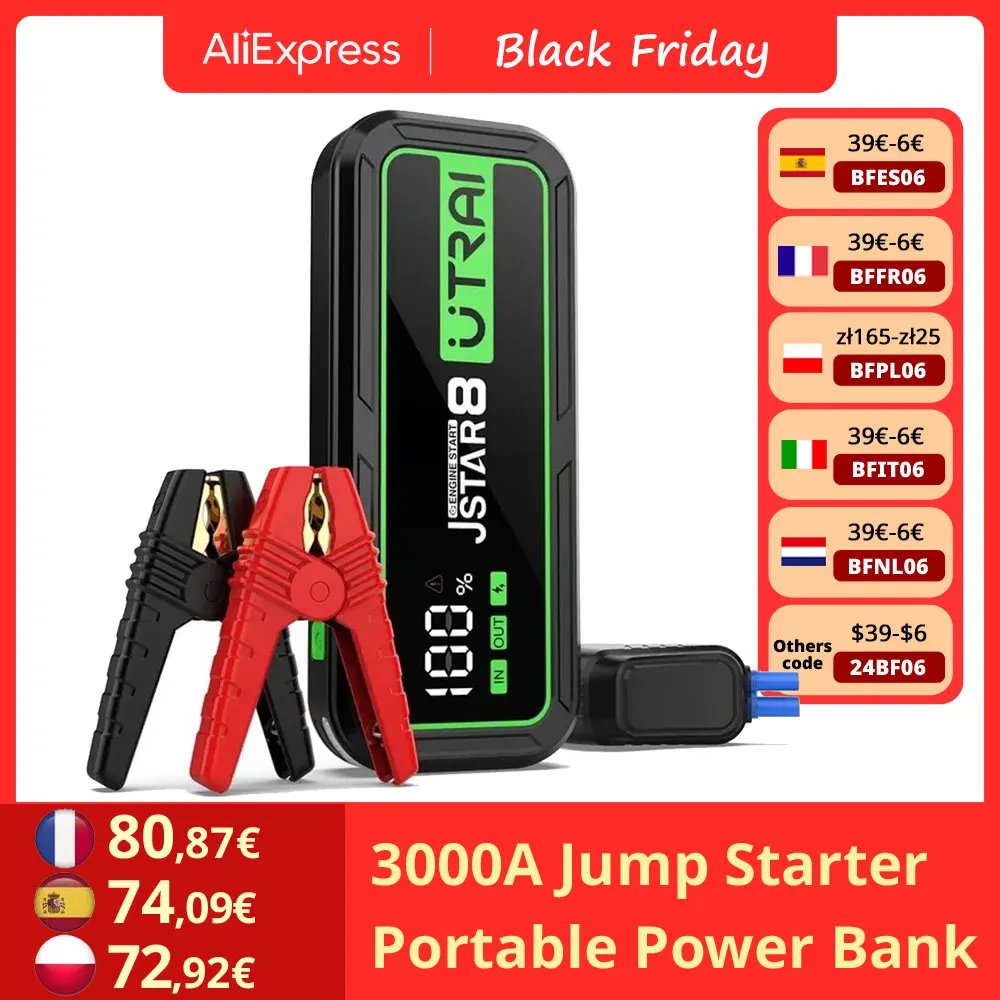 UTRAI 3000A Car Jump Starter Portable Power Bank Car Booster For 10L Gas/8L Diesel Auto Safety Hammer Emergency Starting Device