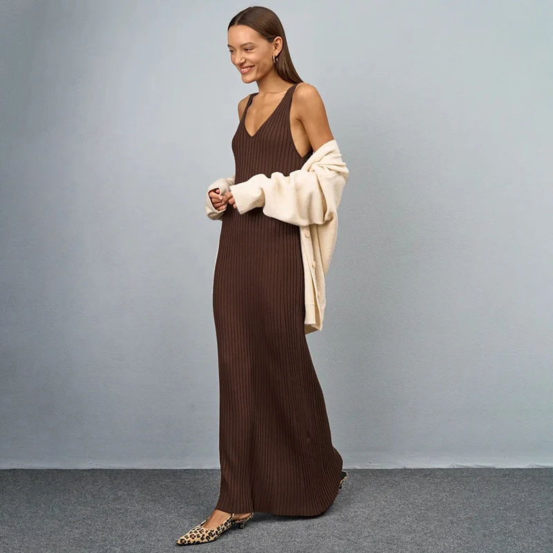 

Tornova Sling knitted Dress For Women Sleeveless Summer Beach Vacation Long Dress Slim Solid Female High Waist Dresses Casual