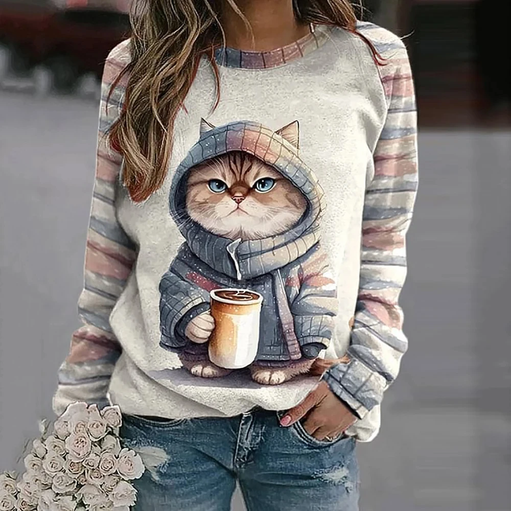 Funny Kawaii Cat Animals Print Cotton Long Sleeve T-Shirts For Women Sweatshirts Female Cute O-Neck Pullover Woman Sweatshirt