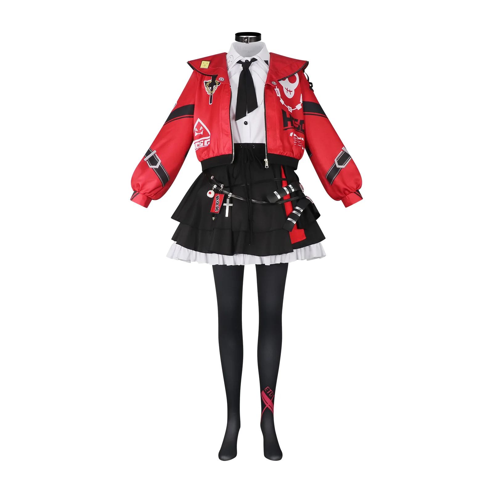 Game Neverness To Everness Lacrimosa Cosplay-Kostüm Rot-Schwarzes Streetwear-Cosplay-Set mit Kurzer Jacke und Mehrschichtigem Rock für Halloween