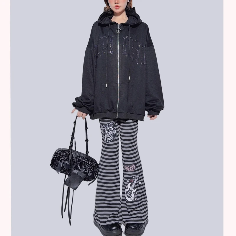 กางเกงขายาวทรงกระดิ่งเอวยางยืดลายทางสไตล์เรโทรสุดหวานเท่สำหรับผู้หญิง  คอลเลคชั่นฤดูใบไม้ร่วง-ฤดูหนาว  ช่วยพรางหุ่น